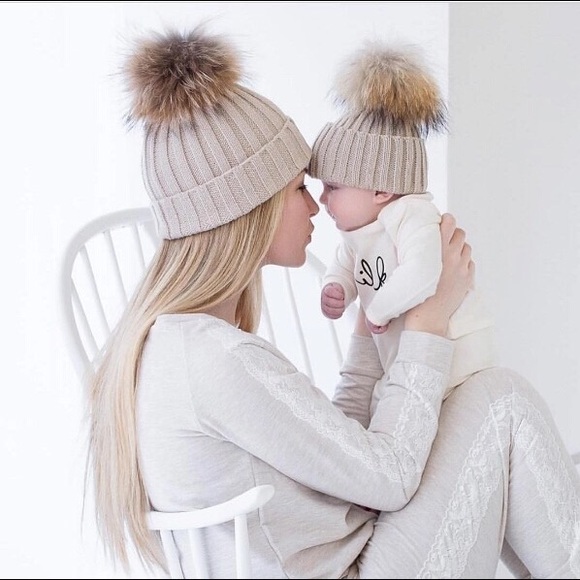 Last one! Cream Mommy and me pom pom beanie/ hats - Picture 2 of 3